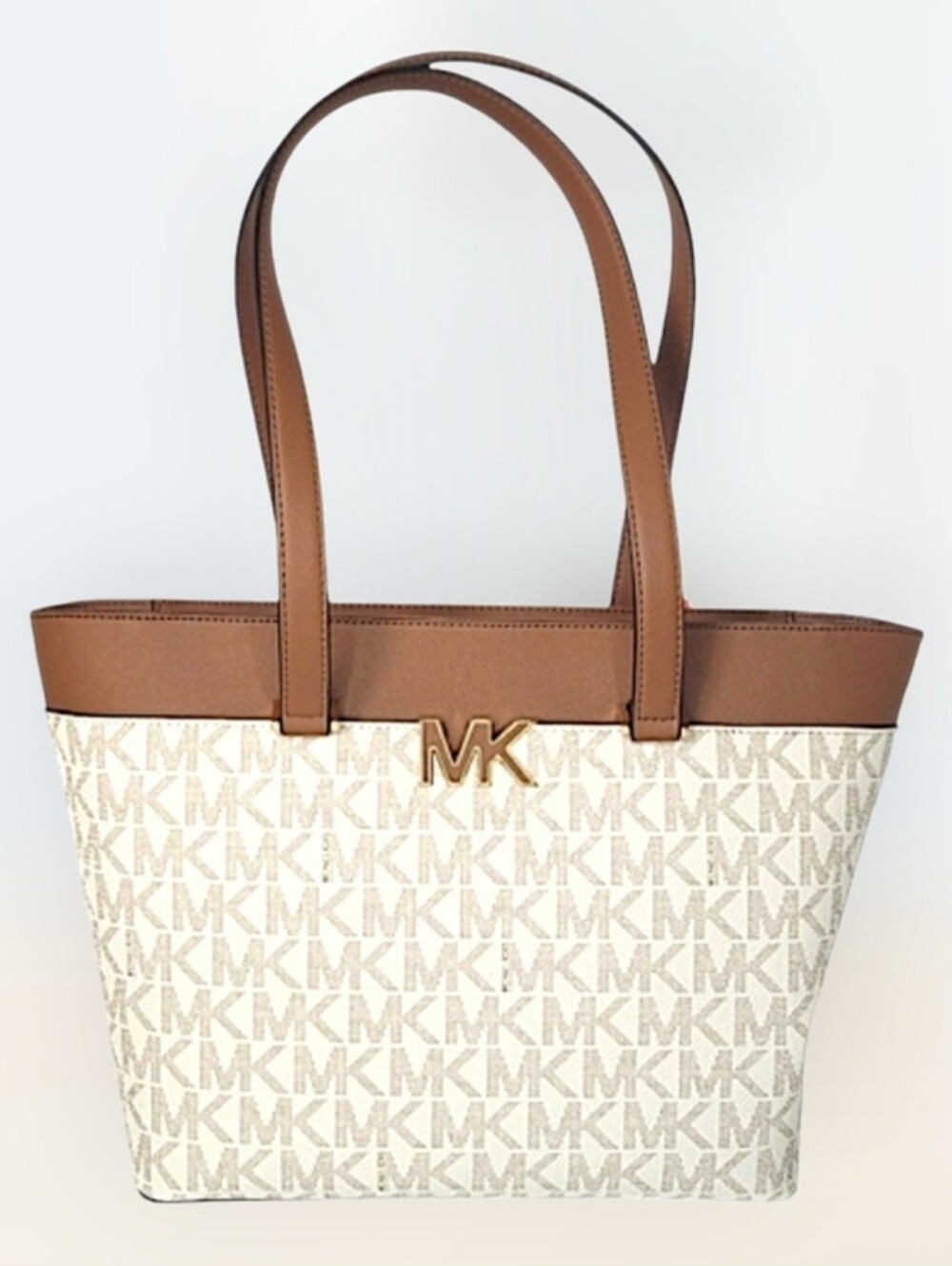 MICHAEL Michael Kors Cream & Brown MK Signature Tote with Gold Logo